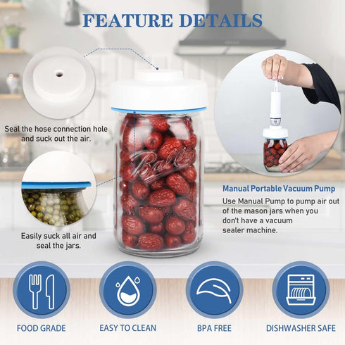 Mason Jar Vacuum Sealer Kit with Accessory Hose for Wide and Regular Mouth Jars, Manual Portable Vacuum Pump and Lid