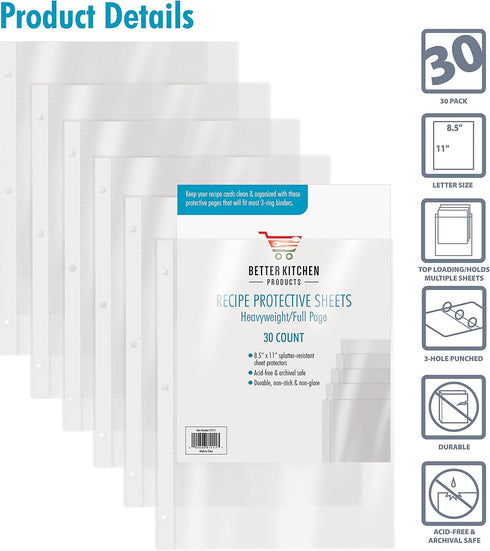 Recipe Sheet Protectors Full Page: 8.5 x 11 inch, 30 Pack, Heavyweight Top Load for Recipe Binders