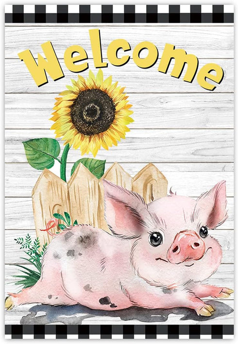 Welcome Garden Farm Flag, 12x18 Inch Sunflower Cute Pink Pig Vertical Double Side Decor for Outside Farmhouse Garden