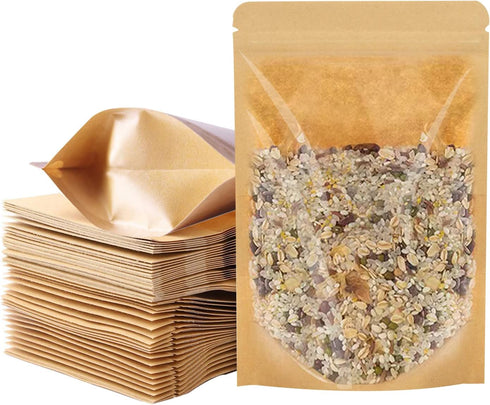 100 PCS Stand Up Pouches, 4 x 6 inch Kraft Paper Food Bags with Clear Window, Reusable Ziplock Storage Bags for Foods