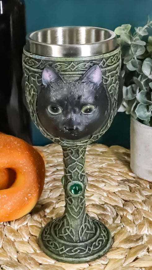 Ebros Wicca Mystical Witching Hour Black Cat Wine Goblet, 7oz Celtic Beverage Chalice with Green Gems