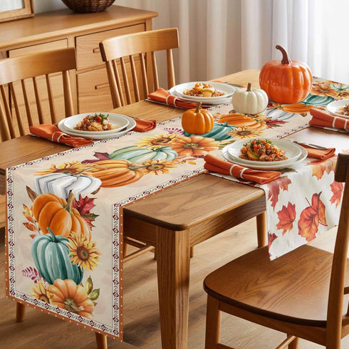 LooPoP 13x120 Inches Thanksgiving Fall Pumpkin Table Runners Maple Leaf Orange Lattice Long Washable Table Runner