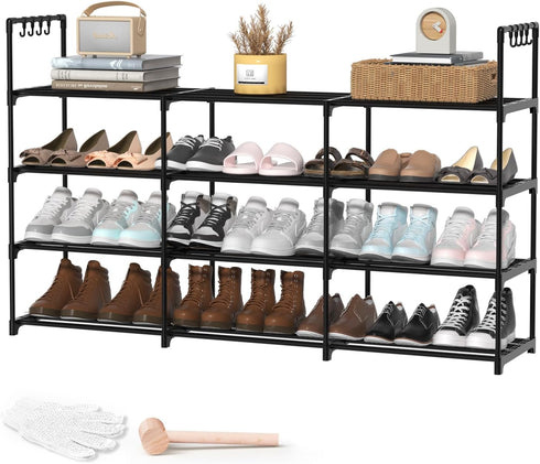 DYJIEKAI 3 Row 4 Tier Long Shoe Rack, Black Metal Stackable Shoe Shelf