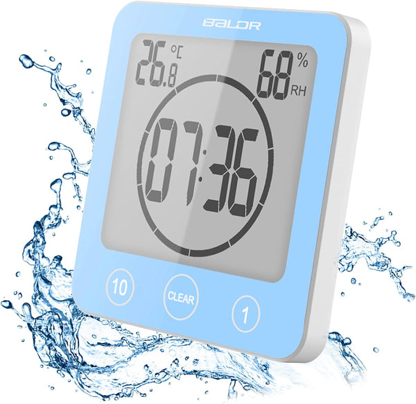 Digital Bathroom Shower Wall Clock Timer, LCD Waterproof Touch Screen Timer with Suction Temperature Humidity Gauge