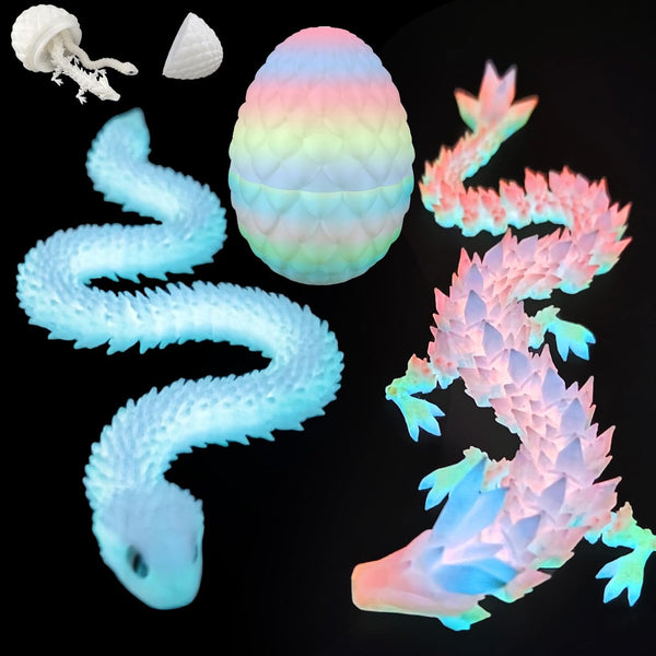 3D Printed Dragon Snake Eggs, Flexible 3D Printed Animal Toys UV Glow