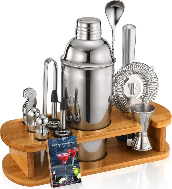 Cocktail Shaker Set Bartender Kit: 13-Pcs Bar Tools Set with Bamboo Stand,