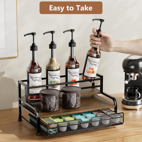 3-Tier 8 35 Countertop Coffee Syrup Rack Organizer, Bottles Syrup Rack with K Cup Storage Basket for Coffee Bar, Bottle