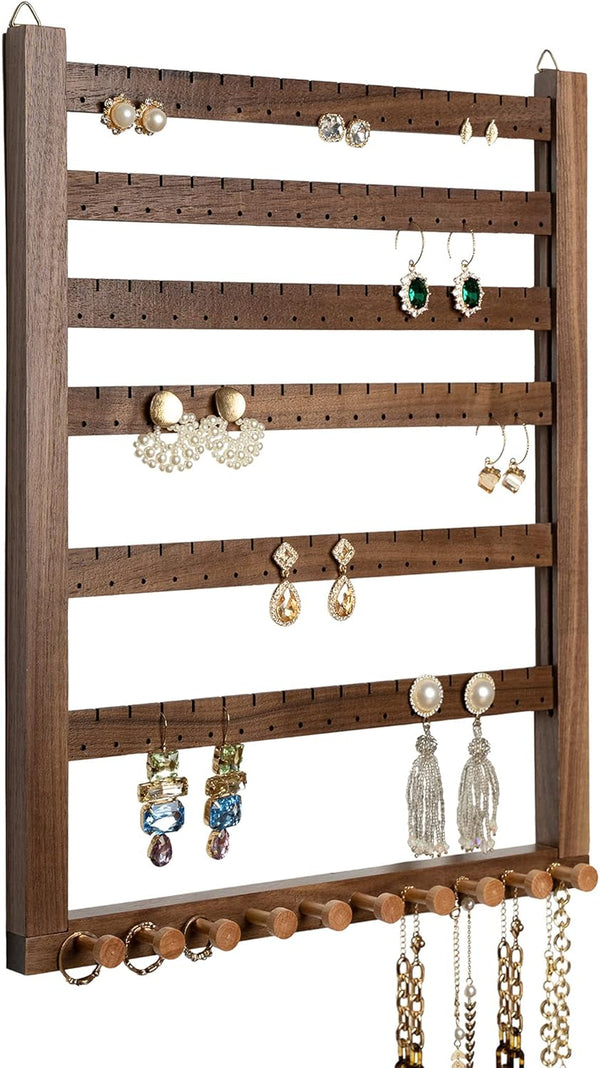 Mymazn Easy Assemble Solid Walnut Wood Earring Wall Holder Hanging Jewelry Organizer