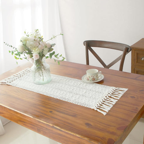 FEXIA Boho Macrame Table Runner with Tassels 36 Inches Long Cream for