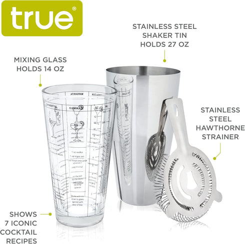 3-Piece Set 7 True Barware for Mixed Drinks and Cold Brew Cocktails, Includes Cocktail Shaker Tin, Cocktail Mixing