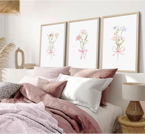 Pouydmi 12x16 Inch 3Pcs Girl Flower Bow Wall Art Coquette Pink Floral Canvas Wall Decor Nursery Wildflower Poster