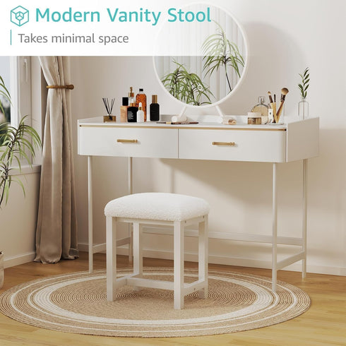 Small Vanity Stool, Cute Vanity Stools with Faux Teddy Fur Cushion, White Makeup Vanity Chair for Small Spaces, Living