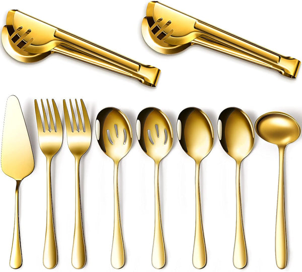 Serving Utensils Set of 10, Includes Large Spoons, Slotted Spoons, Forks, Tongs, and Soup Ladle in Gold