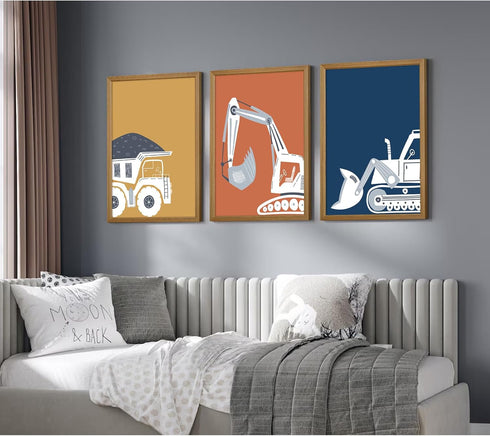 Youillne 12x16 Inch Set 3 Construction Truck Nursery Wall Art Toddler Boys Room Wall Decor Kids Canvas Poster Dump
