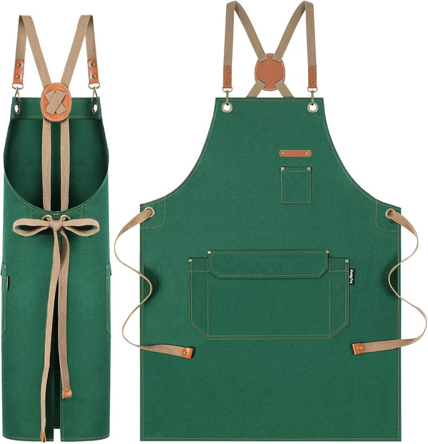 Chef Apron with Cross Back Straps for Men Women - Cotton Canvas Apron for Kitchen Cooking, Artists Painting
