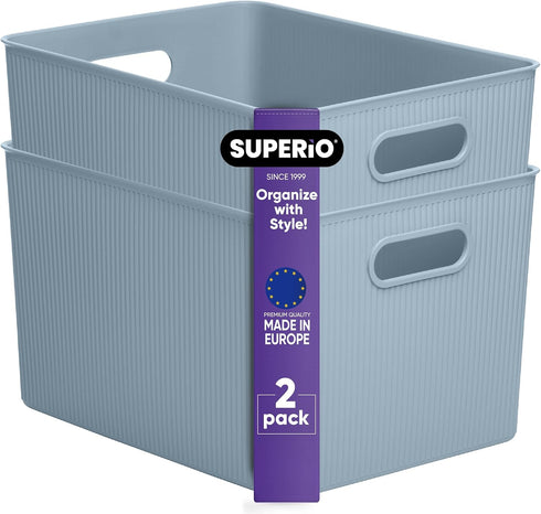 Superio Ribbed Collection - Decorative Plastic Open Storage Bins, X-Large Blue (2 Pack) for Organizing