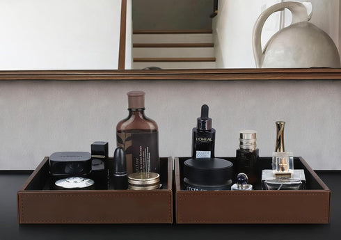 8 8 1.8 inches HofferRuffer Faux Leather Vanity Tray, Elegant Desktop Storage Organizer, Decorative Catchall