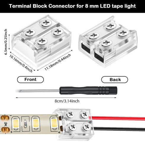 25 Pack Solderless LED Tape Light Connector 2 Pin Terminal Block Connector Screw Down LED Strip Connector Tape to Wire for 5V 12V 24V Single Color LED Strip Lights (Clear,8mm)