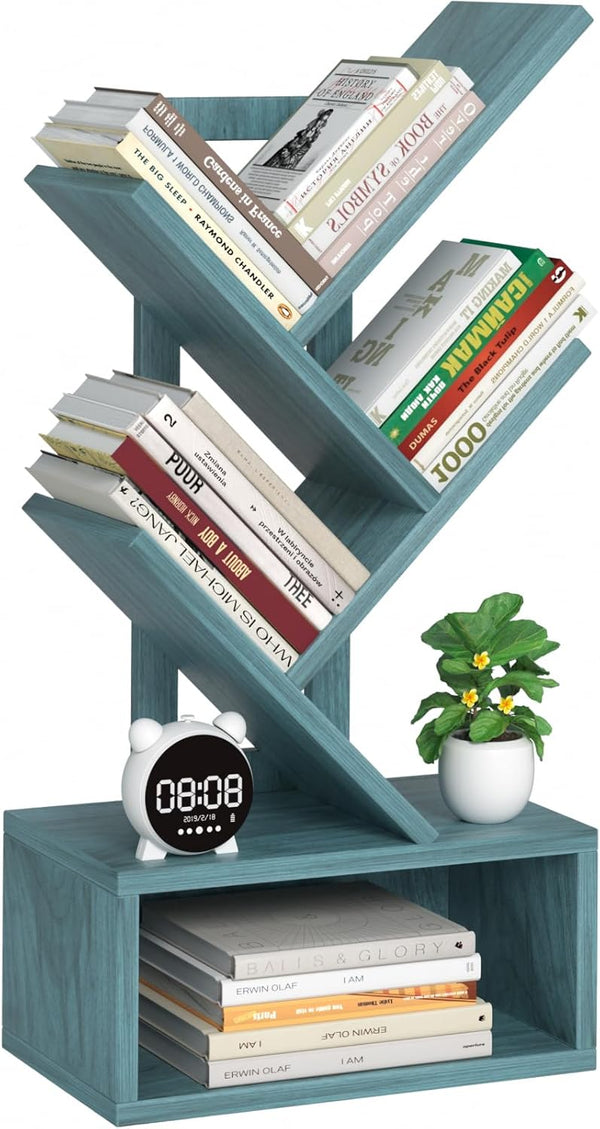 SHEEPAM Small Tree Book Shelf,5 Tier Black Tree Bookshelf,Blue Desktop Bookcase,Modern Desk