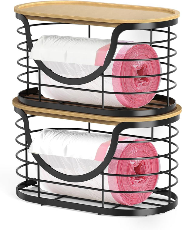 Haotao 2 Pack Trash Bag HolderStackable Trashbag Dispenser With Bamboo LidWall Mount Garbage