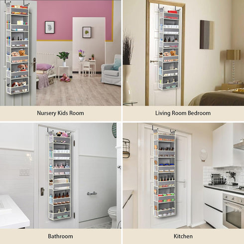 Over The Door Hanging Organizer with 6-Shelves and 12 Side Pockets for Bathroom and Bedroom, Grey