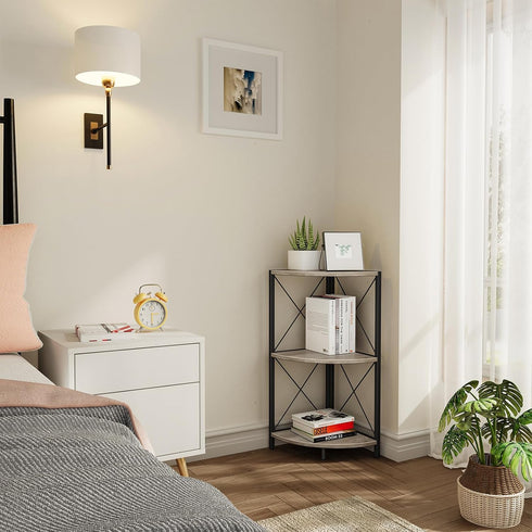 Snughome 3-Tier Corner Shelf for Desktop, Grey Freestanding Corner Storage Organizer with Metal Frame Display Rack