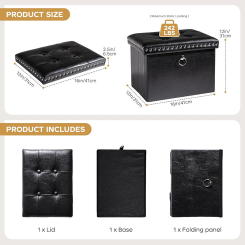 16x12x12 oakvivo Small Storage Ottoman Foot Rest Stool, in Foldable Leather Footstool Storage Bench with Rivet Design