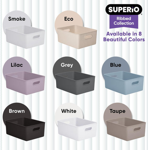 Superio Ribbed Collection - Decorative Plastic Open Home Storage Bins Organizer Baskets, Large White Smoke (2 Pack) for