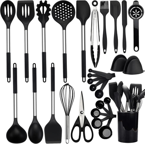 Kitchen Utensils Set | 28 Pcs Silicone Cooking Utensils Set with Holder, Black Stainless Steel Handle Kitchen Gadgets