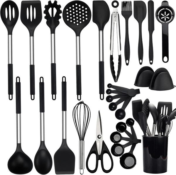 Kitchen Utensils Set | 28 Pcs Silicone Cooking Utensils Set with Holder, Black Stainless Steel Handle Kitchen Gadgets