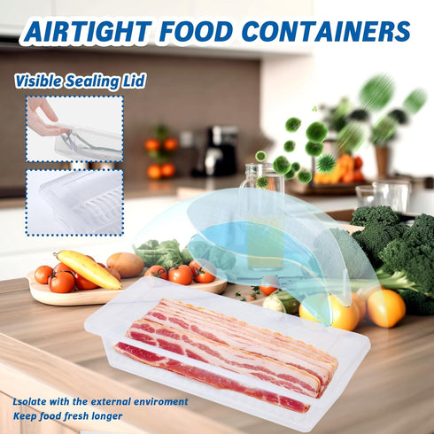 Caylielam 2-Pack Bacon Keeper Containers for Refrigerator, Airtight Fridge Meat Food Storage Boxes with Lids and Tongs