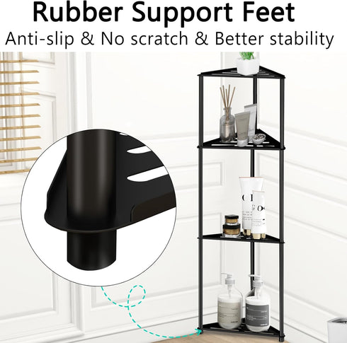 4 Standing Corner Shower Caddy, Tier Stainless Steel Organizer Stand, Rustproof Shelves for Inside Shower, Black