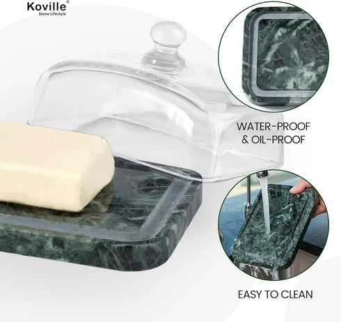 Countertop Koville Green Marble Butter Dish with Glass Lid for and Refrigerator Door Shelf, Green Marble Butter Keeper