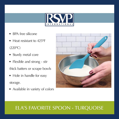 RSVP International Ela's Favorite Silicone Spatula Spoon - Turquoise, 11" | BPA-Free, Dishwasher Safe