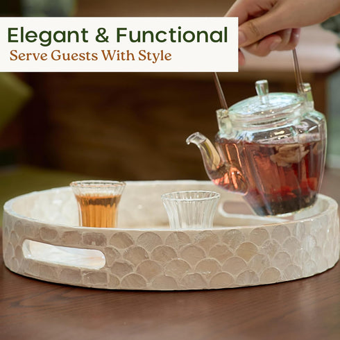 12.6 Inch Counter, CHI AN HOME Capiz Round Decorative Tray, Decorative Serving Tray with Handles for Coffee Table