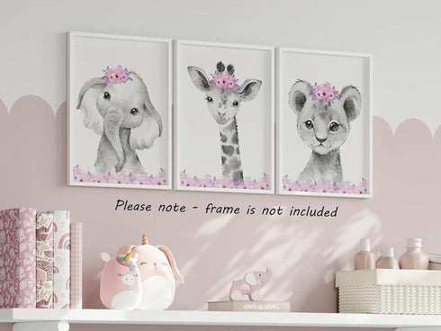 Set 3 (8x10) Safari Animals Baby Girls Nursery of Unframed Wall Art Prints, Gray Baby Animals with Pink Flowers, Child