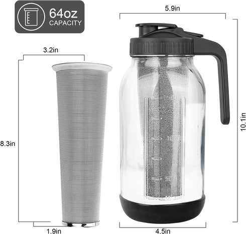 QHH 64oz Cold Brew Coffee Maker, Mason Jar Pitcher with Stainless Steel Filter, Sealed, Leak-Proof Lid with Pour Spout