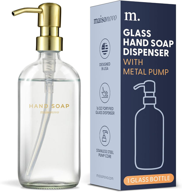 MaisoNovo Hand Soap Dispenser for Bathroom - 16.9 fl oz Clear Glass with Gold Pump