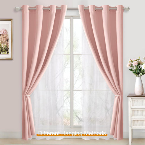 Grommet 52" 84", 2 DWCN Layered Curtains Blackout and Sheer Curtains with Tiebacks Top Window Curtain Panels for Living