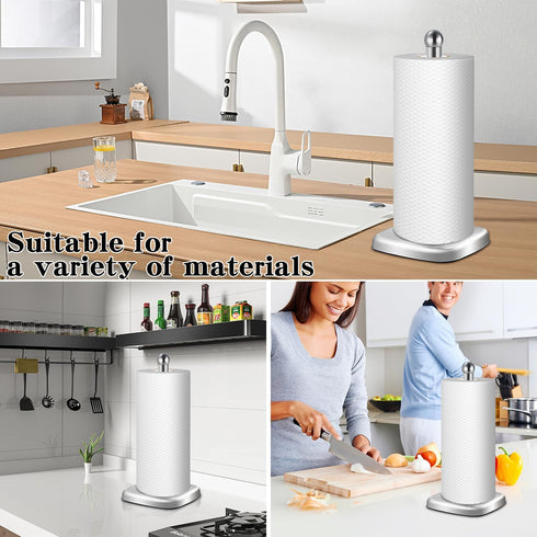 DAWNER Paper Towel Holder Countertop with Weighted Suction Cup Base, Stainless Steel Freestanding Stand for Kitchen