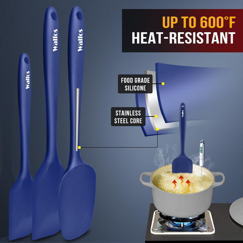 Walfos Silicone Spatula Set (5pcs) - 600? High Heat Resistant Kitchen Spoon Navy Blue Spatulas for Cooking Mixing & Baking, Strong Steel Core and One-Pieces Seamless Design, BPA Free Dishwasher Safe by Walfos