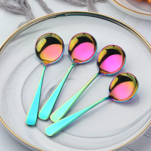 Broth Round Spoon Set, 12-Piece Reusable Stainless Steel Dinner Table Spoons, Rainbow Color for Camping, Ramen