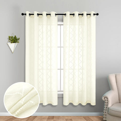KOUFALL Quatrefoil Sheer Curtains - 63 Inch Length for Living Room - Cream Beige Grommet Semi Sheer Drapes