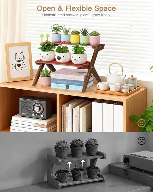 2 Tier Small Wood Plant Stand for Desktop, X-Frame Windowsill Plant Shelf Indoor, Table Top Mini Ladder Flower Pot