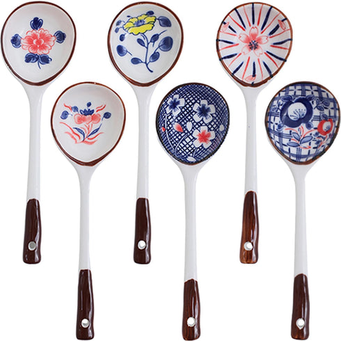 Soup Spoon, Asian Ceramic Spoons with Long Handle, Japanese Soup Spoon Set of 6 for Ramen, Wonton, Dumplings