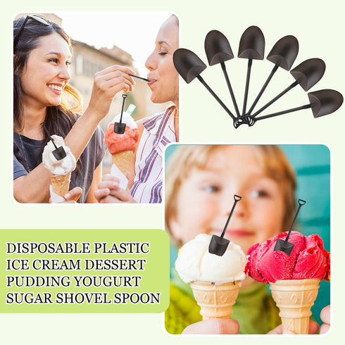 80pcs Mini Shovel Spoons, Disposable Plastic Dessert Spoons for Ice Cream, Pudding, Yogurt, Party Supply, Black