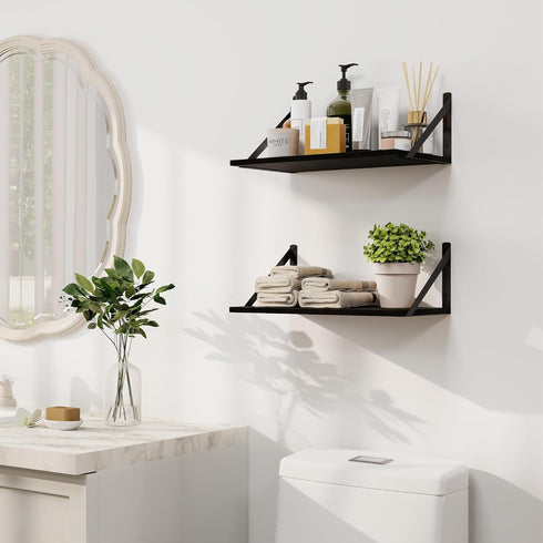 Heimlove 16W 8D Set 2, Black Deep Floating Shelves for Wall, x Wood Wall Shelves of Wide Floating Bookshelf for Living