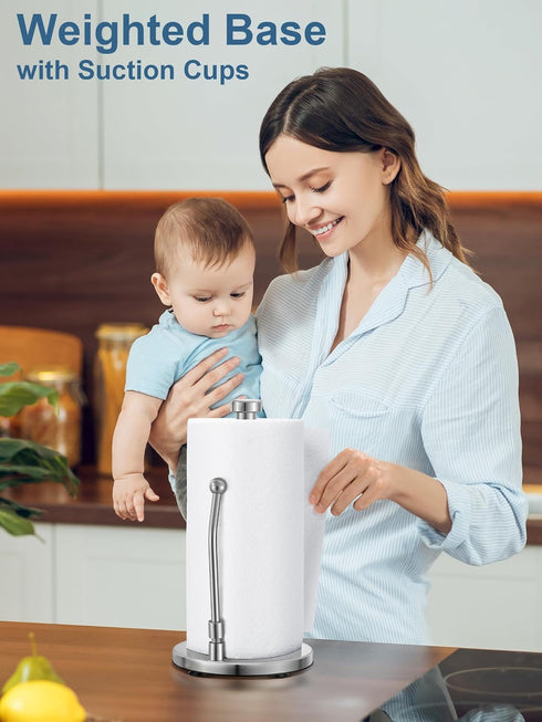 SMARTAKE Paper Towel Holder, Standing Weighted Base Non-Slip Dispenser with Spring Arm for Easy Tear