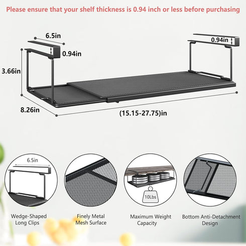 Expandable Under Cabinet Shelf, Extendable Under Shelf Storage with 6.5 Inches Long Clips for Pantry Cabinet, Laundry Room, Shoe Shelf. (Black, 1 Pack, 5.12" H x 8.26" D) by SHINEWON