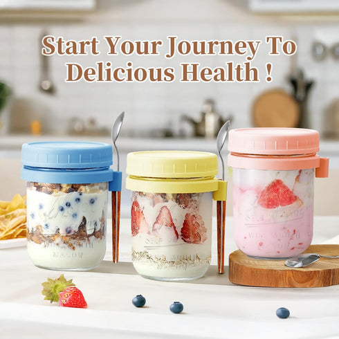 AsstarJTK 6 Pack 16 Oz Overnight Oats Containers with Lids and Spoons - Glass Mason Jars for Overnight Oats Airtight